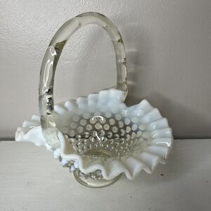 40s 50s Fenton French White Opalescent  Hobnail Handled Basket Collectible Glass